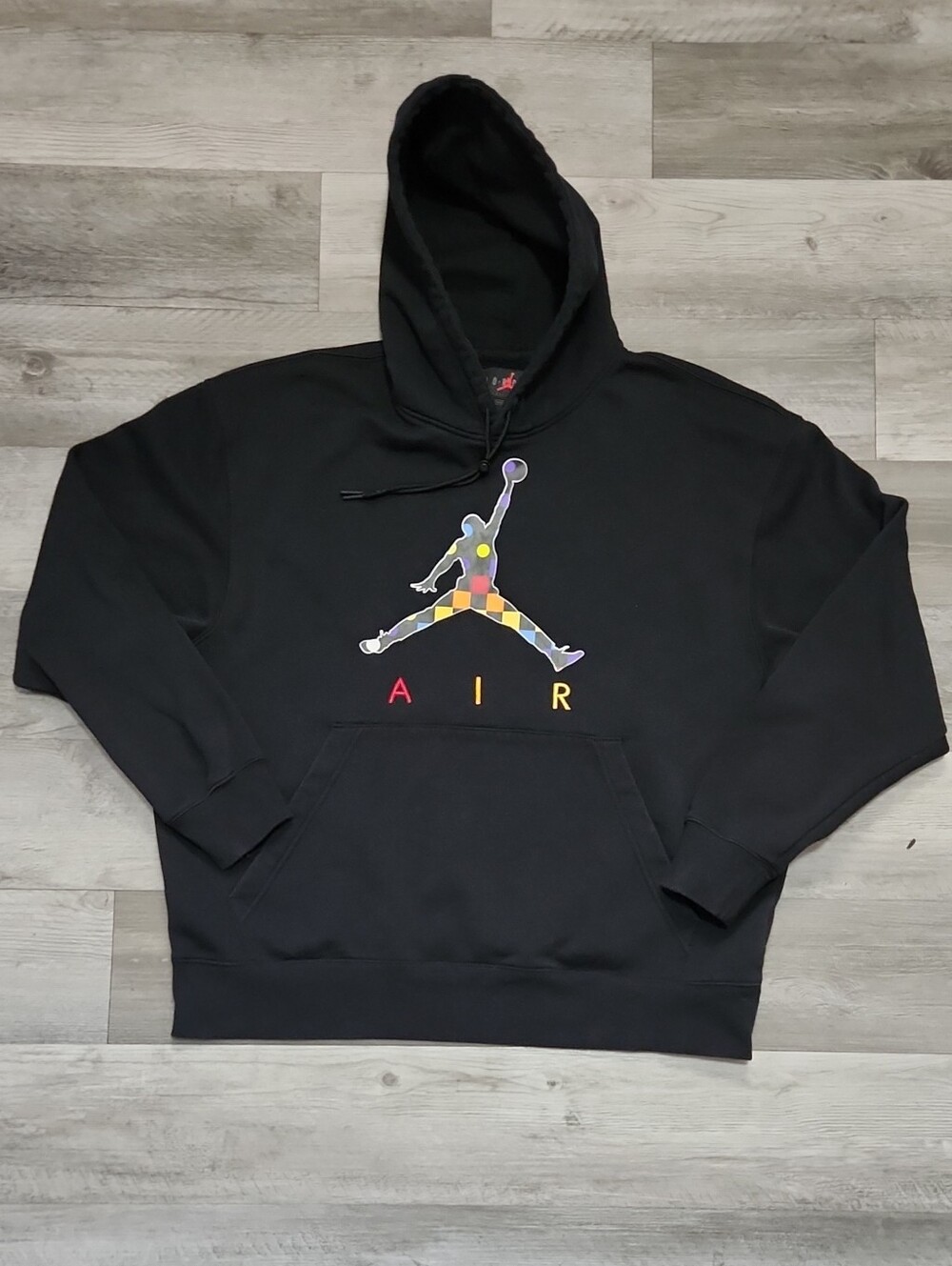 Nike Air Jordan Black Fleece Hoodie with Multicolor Graphics Drawcord Mens XXL